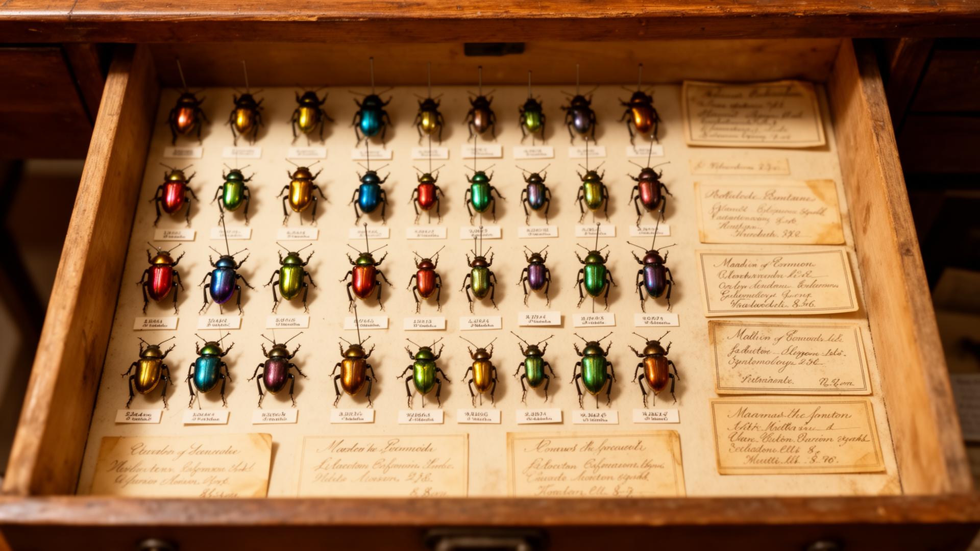 Vintage entomology specimen drawer with pinned beetles